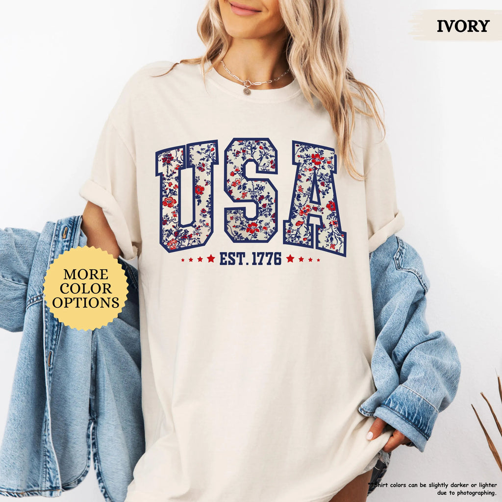 Comfort Colors Floral USA Shirt, American Girl Shirt, USA Est 1776 Shirt, Girly 4th of July Shirt, Patriotic Women Shirt, Flower USA Shirt