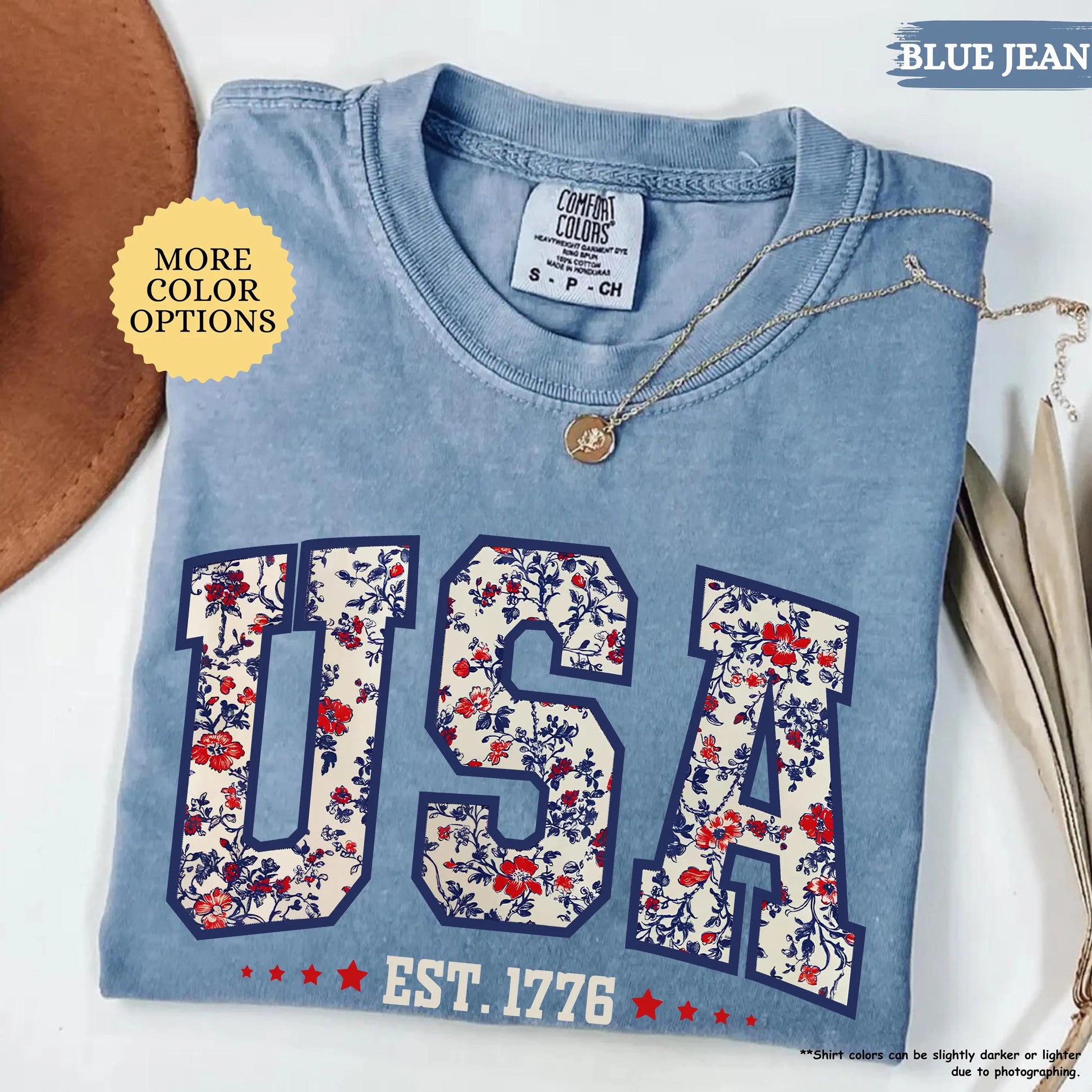 Comfort Colors Floral USA Shirt, American Girl Shirt, USA Est 1776 Shirt, Girly 4th of July Shirt, Patriotic Women Shirt, Flower USA Shirt