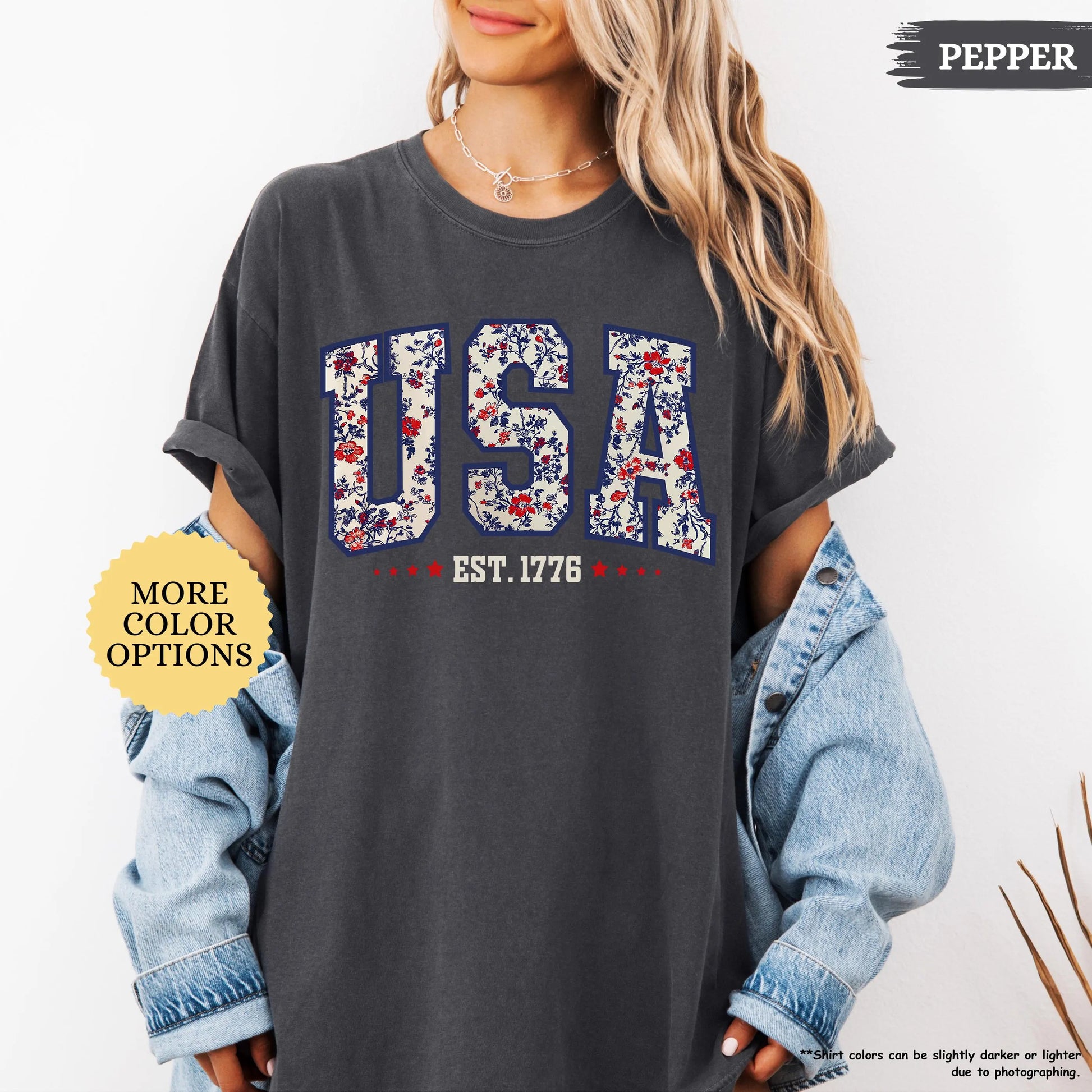 Comfort Colors Floral USA Shirt, American Girl Shirt, USA Est 1776 Shirt, Girly 4th of July Shirt, Patriotic Women Shirt, Flower USA Shirt