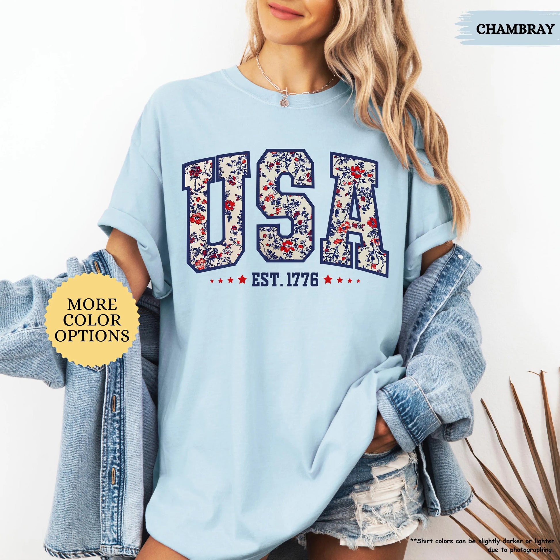 Comfort Colors Floral USA Shirt, American Girl Shirt, USA Est 1776 Shirt, Girly 4th of July Shirt, Patriotic Women Shirt, Flower USA Shirt
