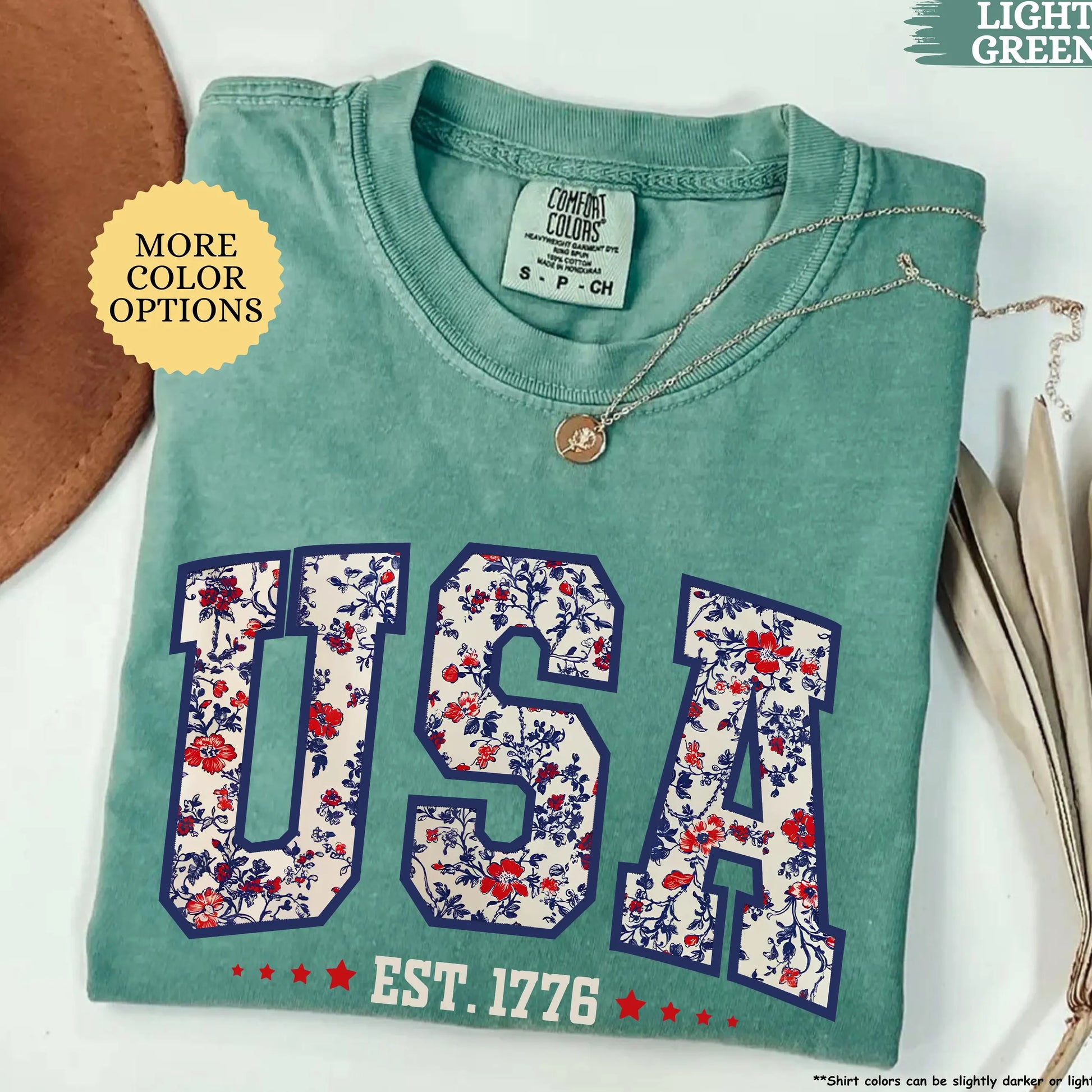 Comfort Colors Floral USA Shirt, American Girl Shirt, USA Est 1776 Shirt, Girly 4th of July Shirt, Patriotic Women Shirt, Flower USA Shirt
