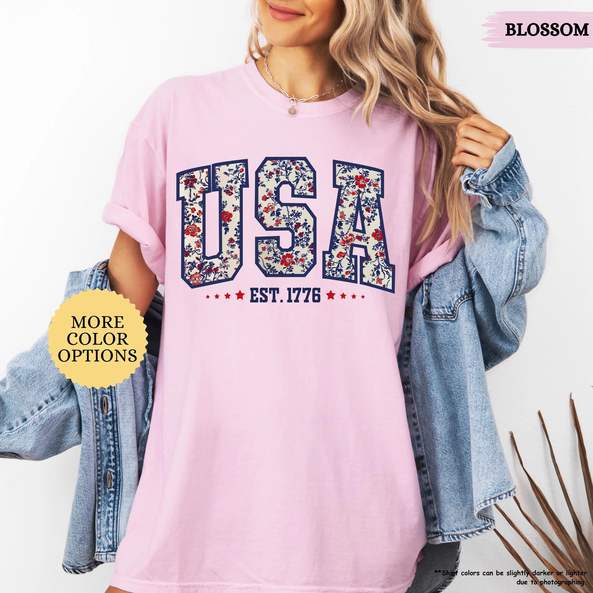 Comfort Colors Floral USA Shirt, American Girl Shirt, USA Est 1776 Shirt, Girly 4th of July Shirt, Patriotic Women Shirt, Flower USA Shirt