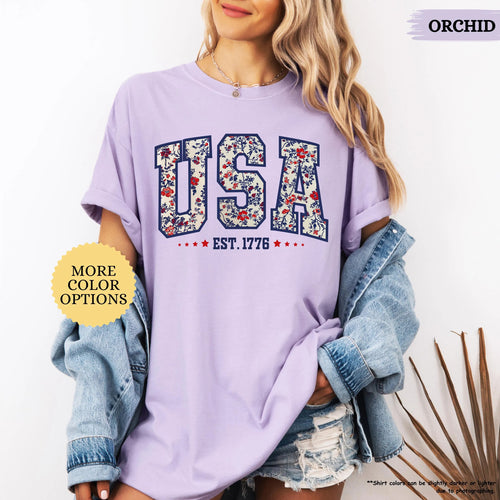 Comfort Colors Floral USA Shirt, American Girl Shirt, USA Est 1776 Shirt, Girly 4th of July Shirt, Patriotic Women Shirt, Flower USA Shirt