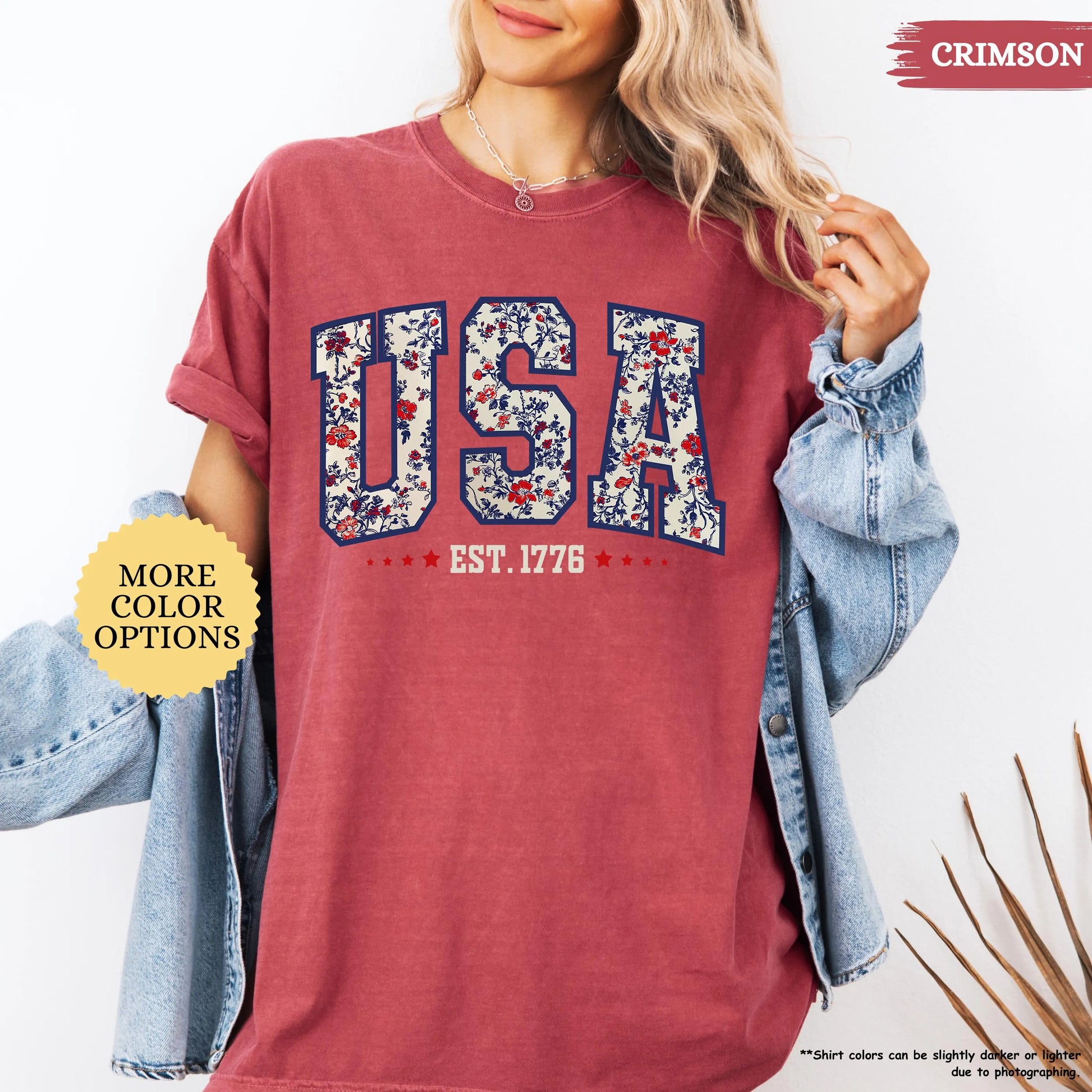 Comfort Colors Floral USA Shirt, American Girl Shirt, USA Est 1776 Shirt, Girly 4th of July Shirt, Patriotic Women Shirt, Flower USA Shirt